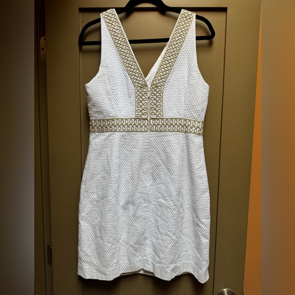 Lilly Pulitzer Aveline Shift Dress in white with gold embroidery - Picture 3 of 5